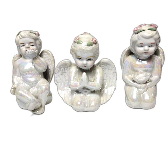 Set 3 Angels Cherubs Iridescent Glazed Ceramic Kneeling Praying 6 Inch - Picture 1 of 7